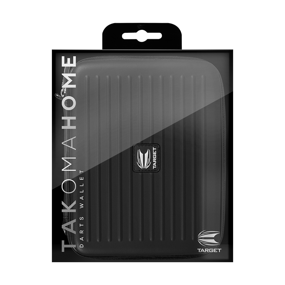 Das Bild zeigt das Produkt "Target Takoma Home Dartwallet" in seiner Verpackung. Das Dartwallet ist schwarz und hat ein geriffeltes Design mit dem Target-Logo auf der Vorderseite.